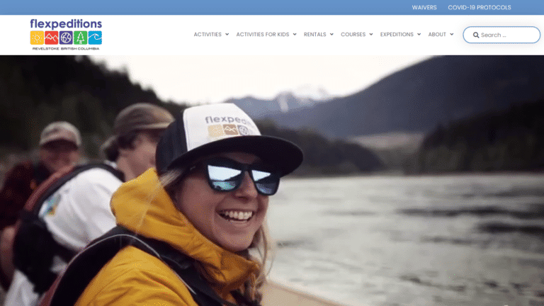 Home page of Flexpeditions with image of happy people canoeing