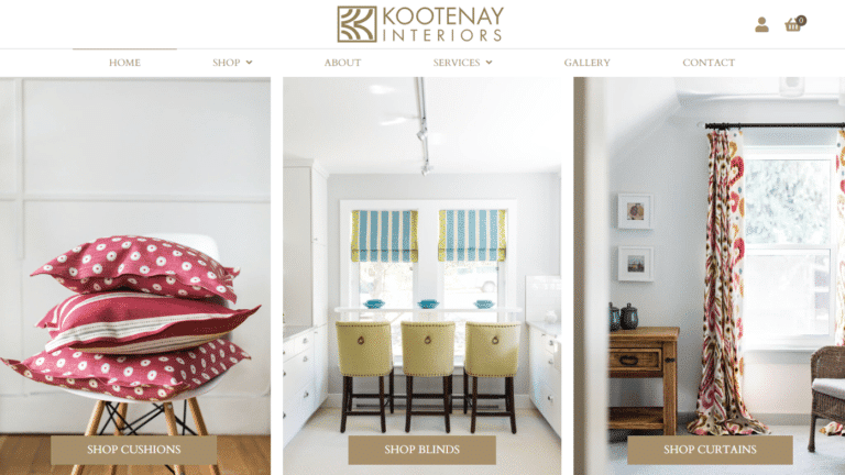 Home page of Kootenay Interiors with image of pillows and curtains